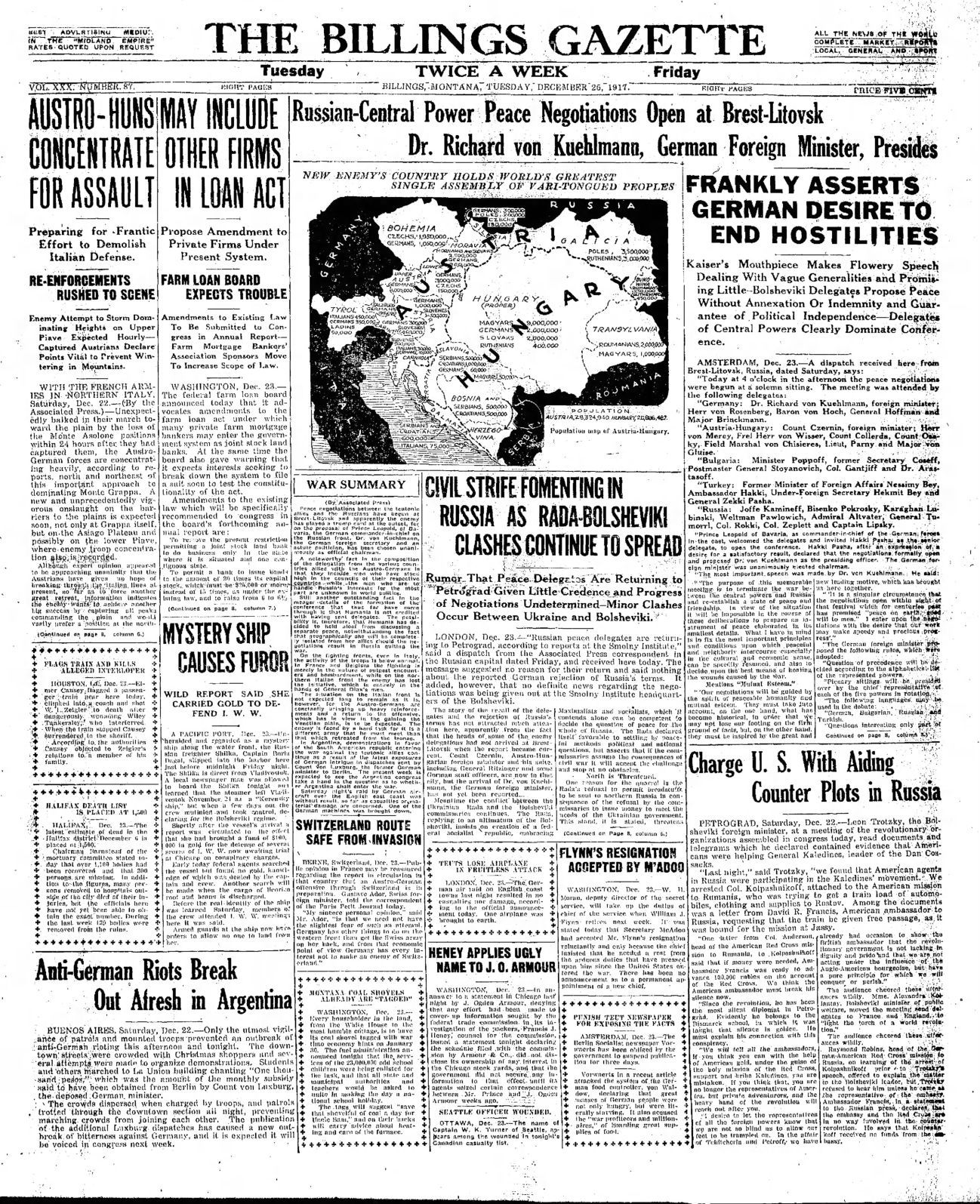 The front page of The Billings Gazette Dec. 25, 1917